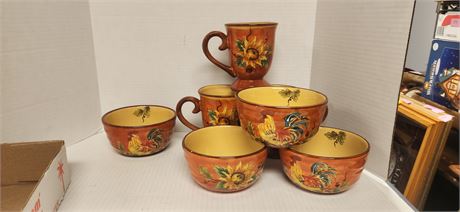 Orange Rooster Bowl & Cups