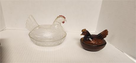 2 Glass Hen On Nest Bowls