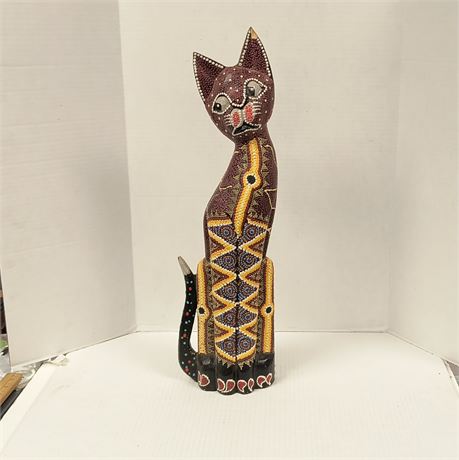 24" Wood Carved Tall Cat Statue. Has Damaged Ear