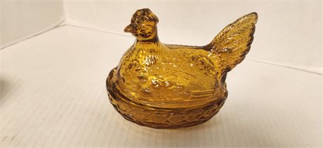Amber Glass Hen On Nest Candy Dish