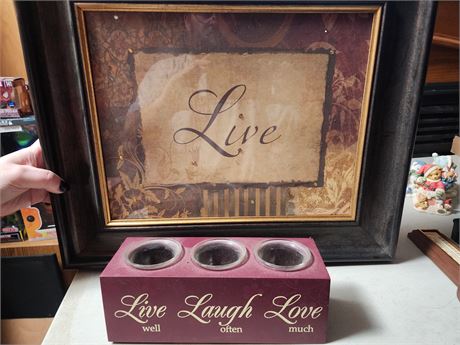 Live Laugh Love Candle Holders and 3 framed wall art pieces