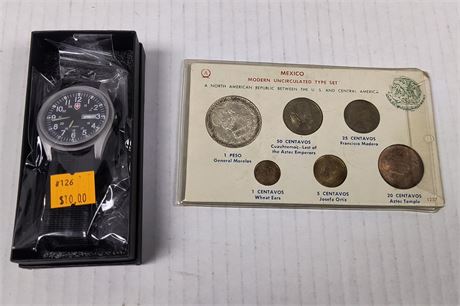 Swiss Army Watch and Mexican Coins