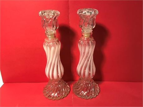 Pair of Avon Opalique Glass Swirl Candlestick/Cologne Bottle