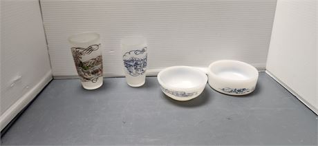 Glasbake Chili/Soup Bowls & Courrier & Ives Drinking Glasses