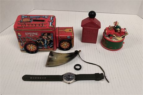 NRA Watch & Fire Truck Tin Bank & Horn & Misc. Items