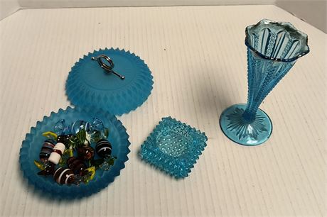 Glass Candy & Blue Glassware. Candy Dish Has Damage