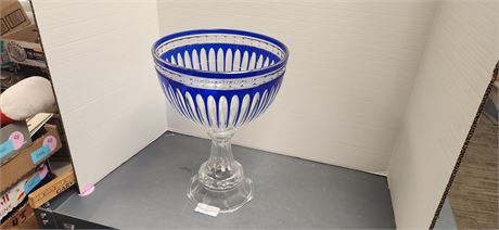 Cobalt Blue Large Cut To Clear Crystal Pedestal Centerpiece Bowl