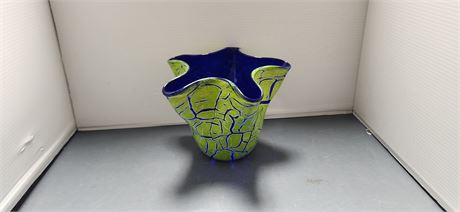 Cobalt Blue & Yellow Crackle Glass Vase