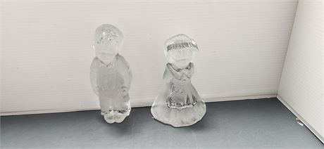 Viking Glass Little Boy & Girl Ice Sculpture Frosted & Clear Bookend Figurines