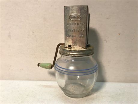 Vintage Androck Uniform Nutmeat Chopper Hazel Atlas Glass Jar