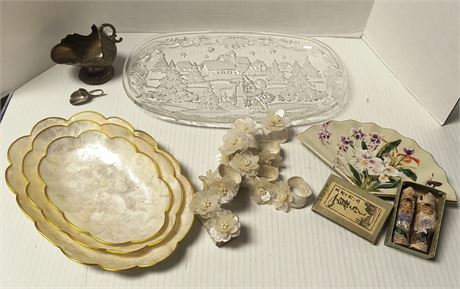 Capiz Serving Plates & Napkin Rings & Japanese Wood Dolls & Misc.