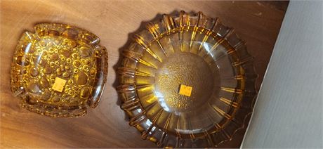 Amber Glass Pebble Bubble Ashtray & Vintage Amber Ashtray