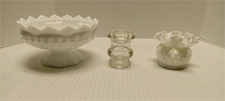 Hobnail Milk Glass Vase & Candle Holder & Clear Glass Toothpick Holder