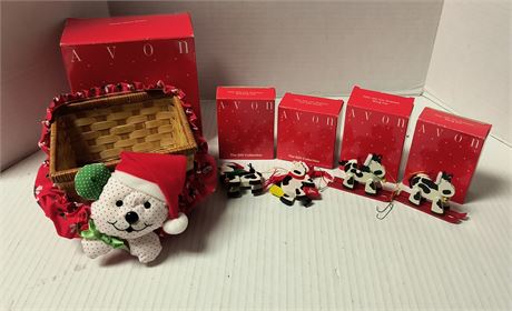 Avon Cow Ornaments & Avon Holiday Mouse Basket