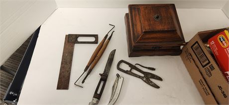 Vintage Wood Box & Vintage Knives & Misc. Items