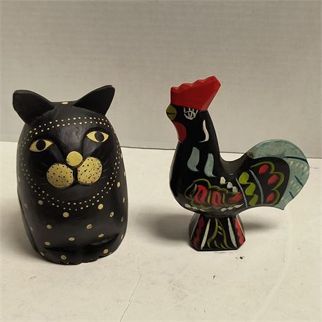 Wood Carved Folk Art Cat & Rooster.