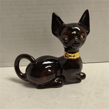 Vintage Pottery Black Cat With Jeweled Eyes & Collar