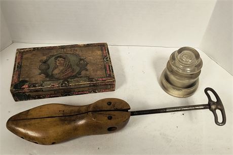 Vintage Shoe Form & Glass Insulator & Vintage Cigar Box & Wood Door Knobs