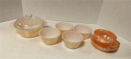 Vintage Fire King Peach Luster Casserole Dish & Custard Dishes & TeaCup & Saucer