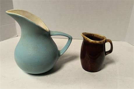 Vintage Hull Pottery Blue Pitcher & Vintage Hull Brown Drip Glazed Creamer