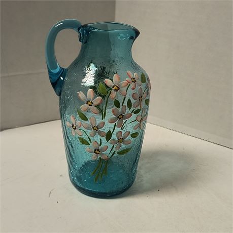 Hand Painted Blue Crackle Glass Small Pitcher