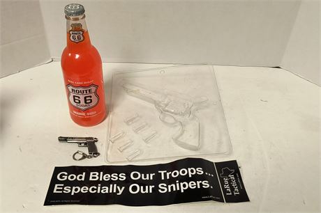 Route 66 Orange Soda & Gun Candy Mold & Gun Keychain & Gun Bumper Sticker