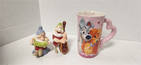 Lady And The Tramp Coffee Mug & Dwarf Salt & Pepper Shakers. Chipped Nose