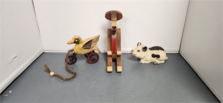 1993 Artline Pig & Wood Bear & Wood Duck With String