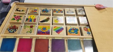 Lot Of Wood Stamps & Ink & Wood Carry Case