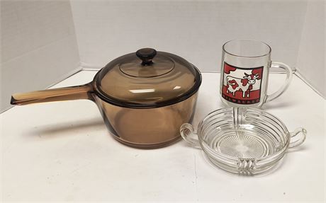 Corning Ware Sauce Pan With Lid & Misc. Glassware