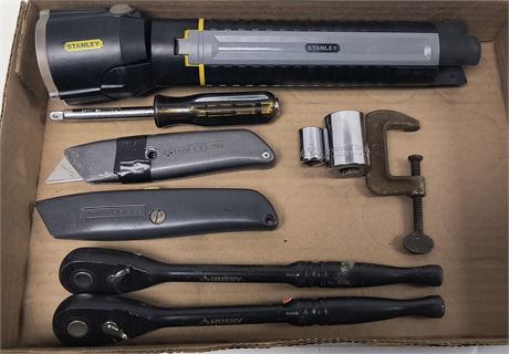 Husky Ratchets & Stanley Flashlight & Craftsman Sockets & Misc. Tools
