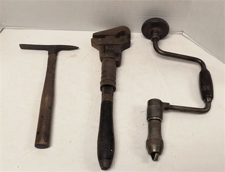 Vintage Hand Drill & Pipe Wrench & Hammer