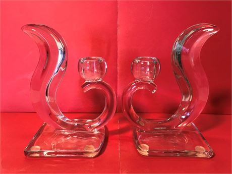 2 Matching Beautiful Glass Sculpture Candlestick Holders