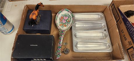 Butterfly Necklace & Vintage Hair Brush & Corn Pan & Horse & Misc.
