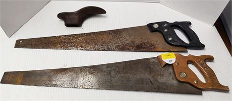 2 Hand Saws & Cast Iron Shoe Mold Form
