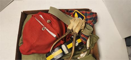 Partial Pronghorn Skull & Boy Scout Items & Pittsburgh Steelers Wood Car & Misc.