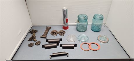 Blue Canning Jars & Flashlight & Misc. Items