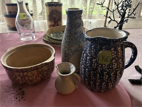 Stoneware Pottery (4 Pieces), Milk Jug, Pitcher, Bowl, Creamer