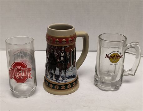 Ohio State Drinking Glass & Budweiser Beer Stein & Hard Rock Cafe Beer Glass