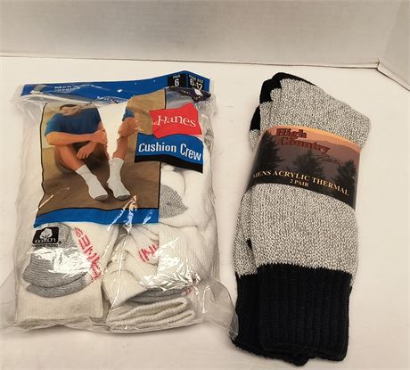 Hanes Cushion Crew Socks & High Country Men's Thermal Socks. Shoe Size 6-12