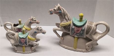 3 Carrousel Teapots. Small Chip On One Horse Saddle