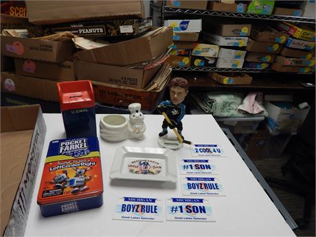 Uncle Sam Ashtray & Mail Box Bank & Pillsbury Dough Planter &Bike License Plates