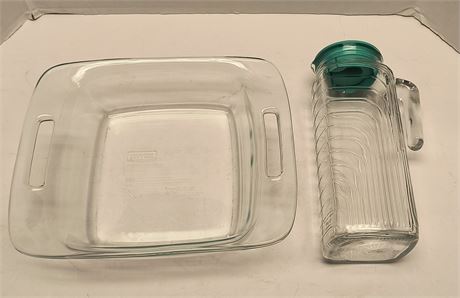 Glass Pyrex Dish & Glass Pitcher