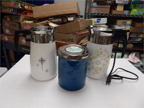 Corning Ware Electric Coffee Percolator & Stove Top Percolator & Storage Tin