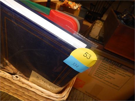 Photo Album & Wicker Basket & Small Plastic Storage Container