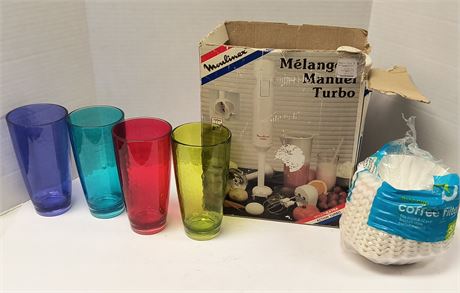 Colored Drinking Glasses & Moulinex Turbo Hand Mixer & Coffee Filters