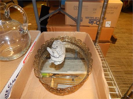 Vintage Mirror Display Tray & Small Animal Statue