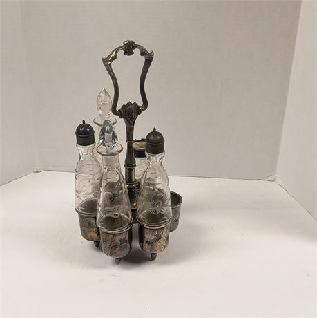 Antique Victorian Silver Plated Cut Glass Cruet Set. Missing One Piece