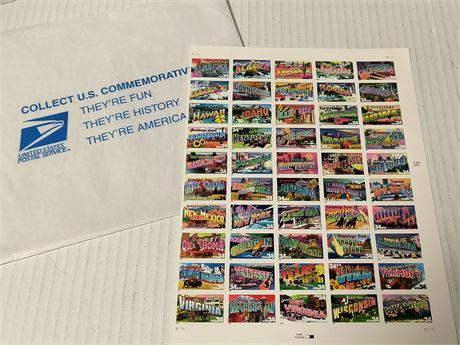 Greetings From America 50 States Stamps. Mint Never Hinged Complete Sheet