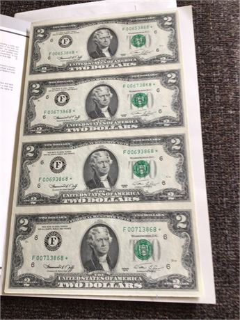 US Currency Collectable Edition, Four Uncut 1976 Two Dollar Bills